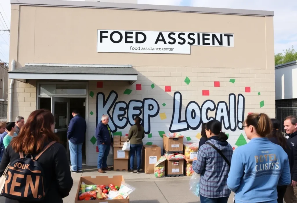 Exterior view of Clover Area Assistance Center with a mural and community members.