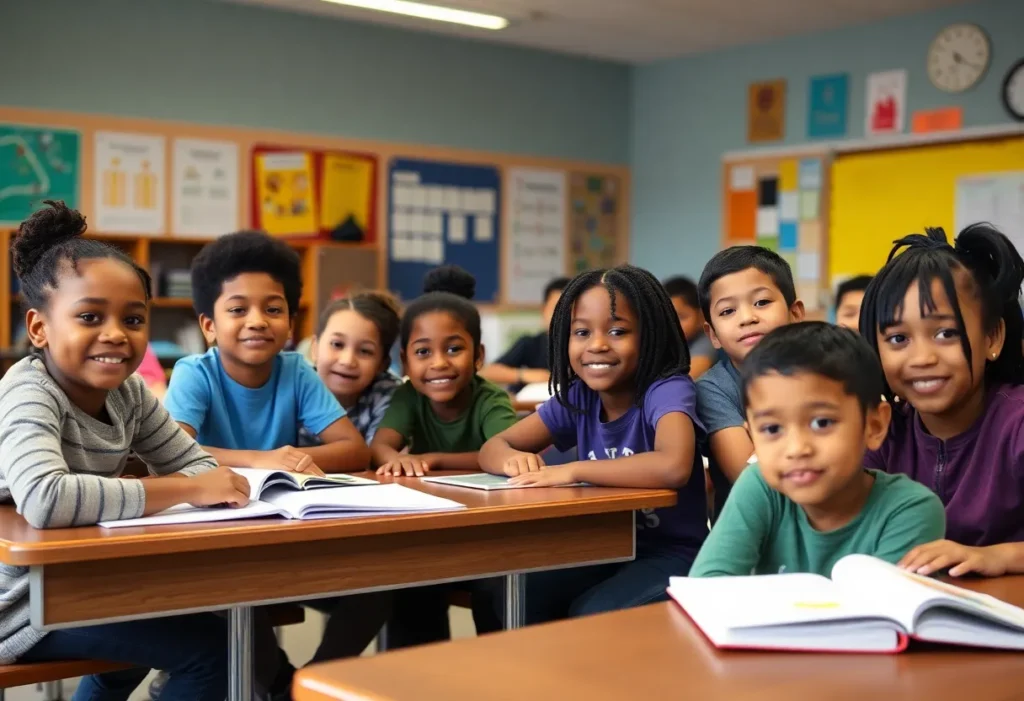 Classroom scene representing charter school students learning together.